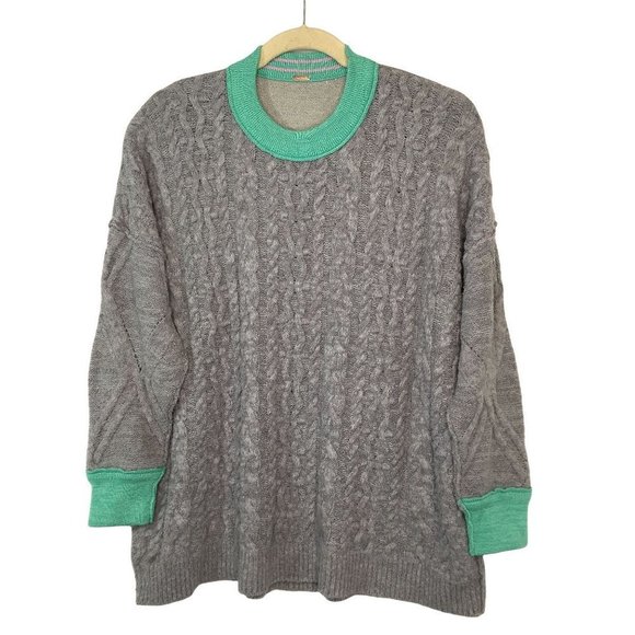 Free People Sweater Oversized Gorpcore Olympia Cable Crewneck Tunic Boho Gray - Picture 4 of 9